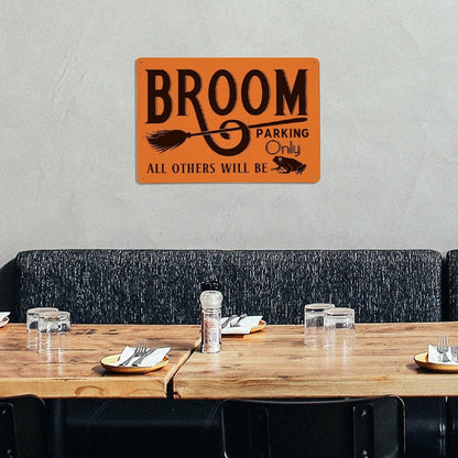Witch Broom Parking Only Poster Halloween Broom Metal Sign – Funny Witch Porch & Kitchen Decor – 8x12 Inches