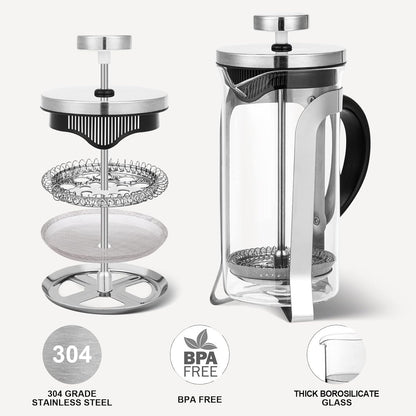 French Press Coffee and Tea Maker, 12 Ounce, Classic 304 Stainless Steel, Heat Resistant Borosilicate Coffee Pot