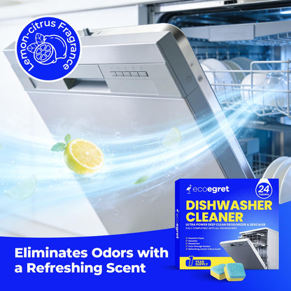 EcoEgret Dishwasher Cleaner Tablets (24 Count) - with Fresh Lemon Scent Dishwasher Cleaner and Deodorizer, Deep Cleans & Descales, Fits All Dishwashers, Septic Safe, 12 Month Supply