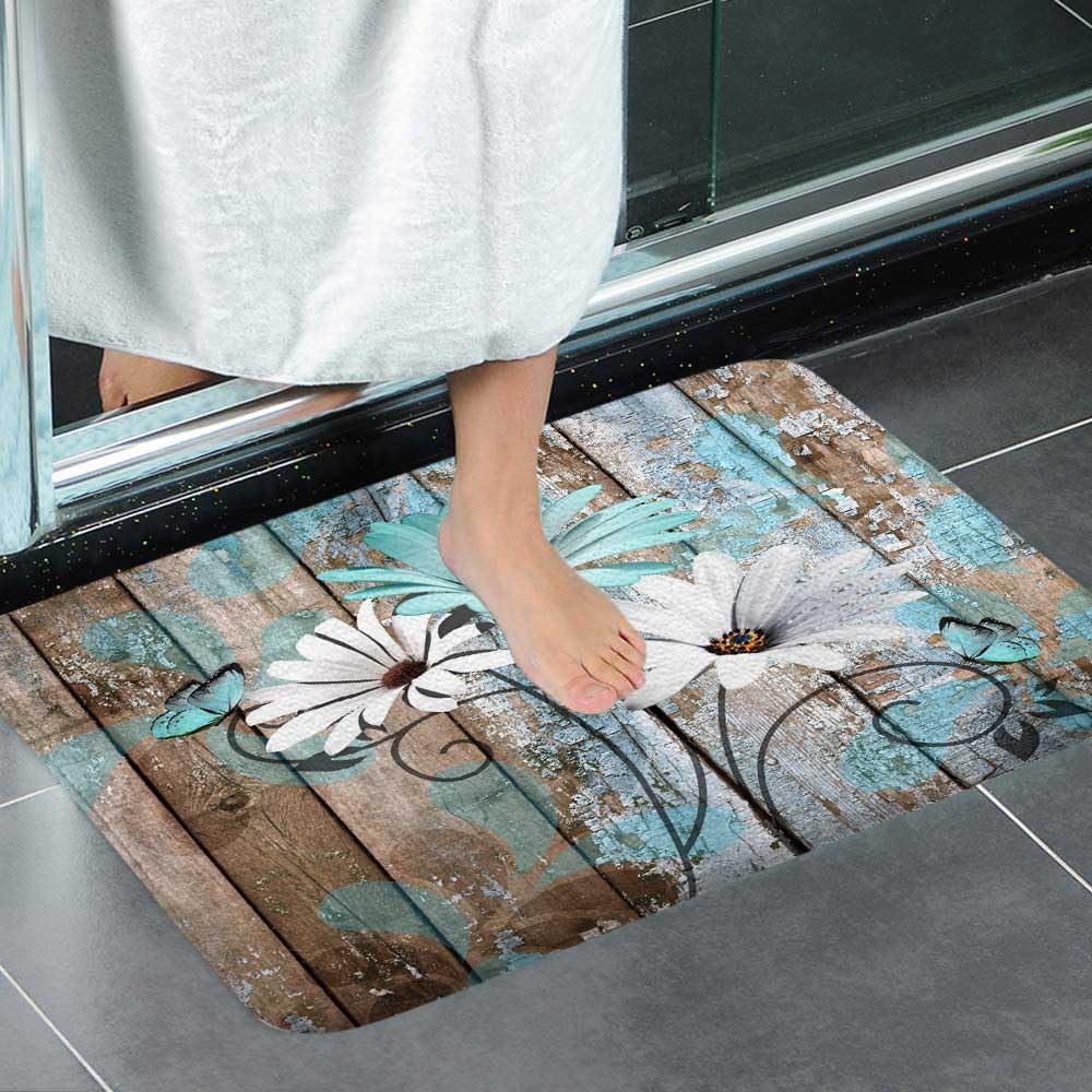 Farmhouse Floral Flower Bath Mat, Teal Daisy Rustic Wooden Plank Non-Slip Soft Doormat for Indoor Outdoor
