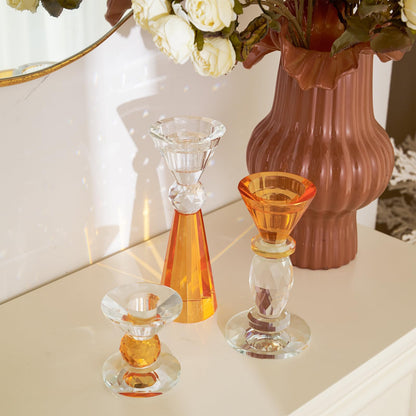 DN DECONATION Glass Candle Holder Set of 3, Candlesticks Holders Amber & Clear Crystal Tealight Candles Holder for Table Centerpiece Wedding Decorations Housewarming Gift Living Room Party