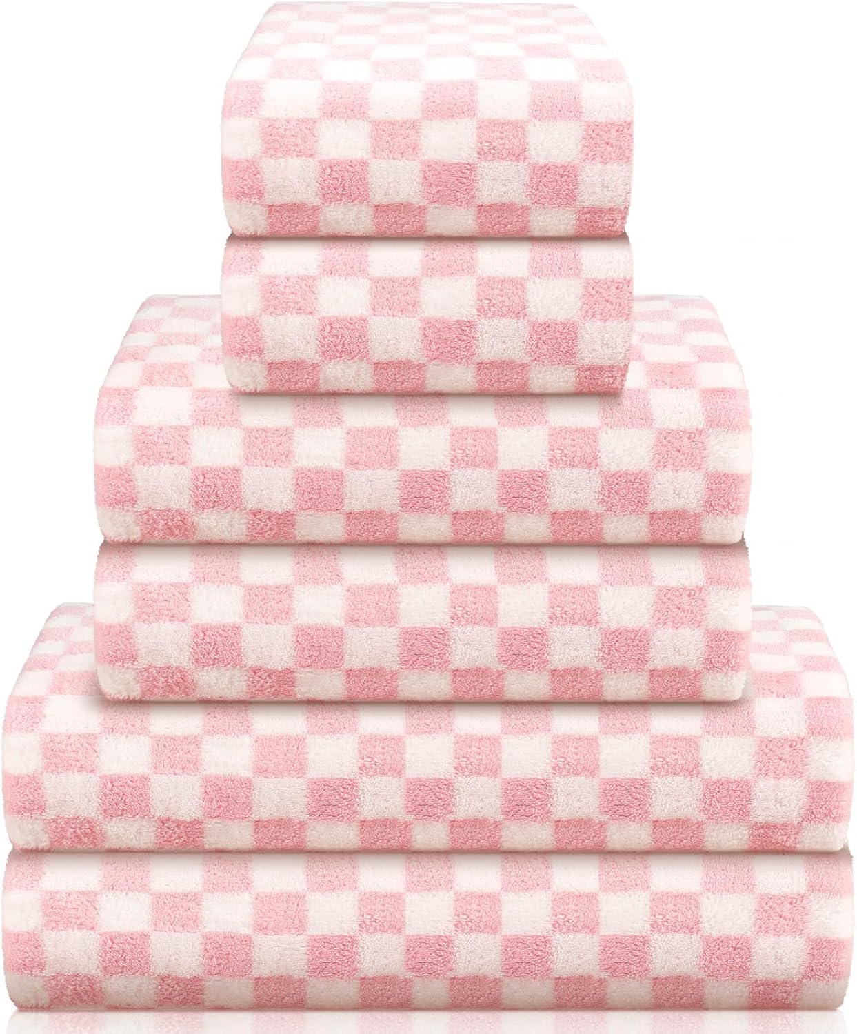 6 Set Kinlop Pcs Checkered Bath Towels Coral Washcloth Soft Fleece Quick Dry Patterned Hand Towel for Bathroom Back
