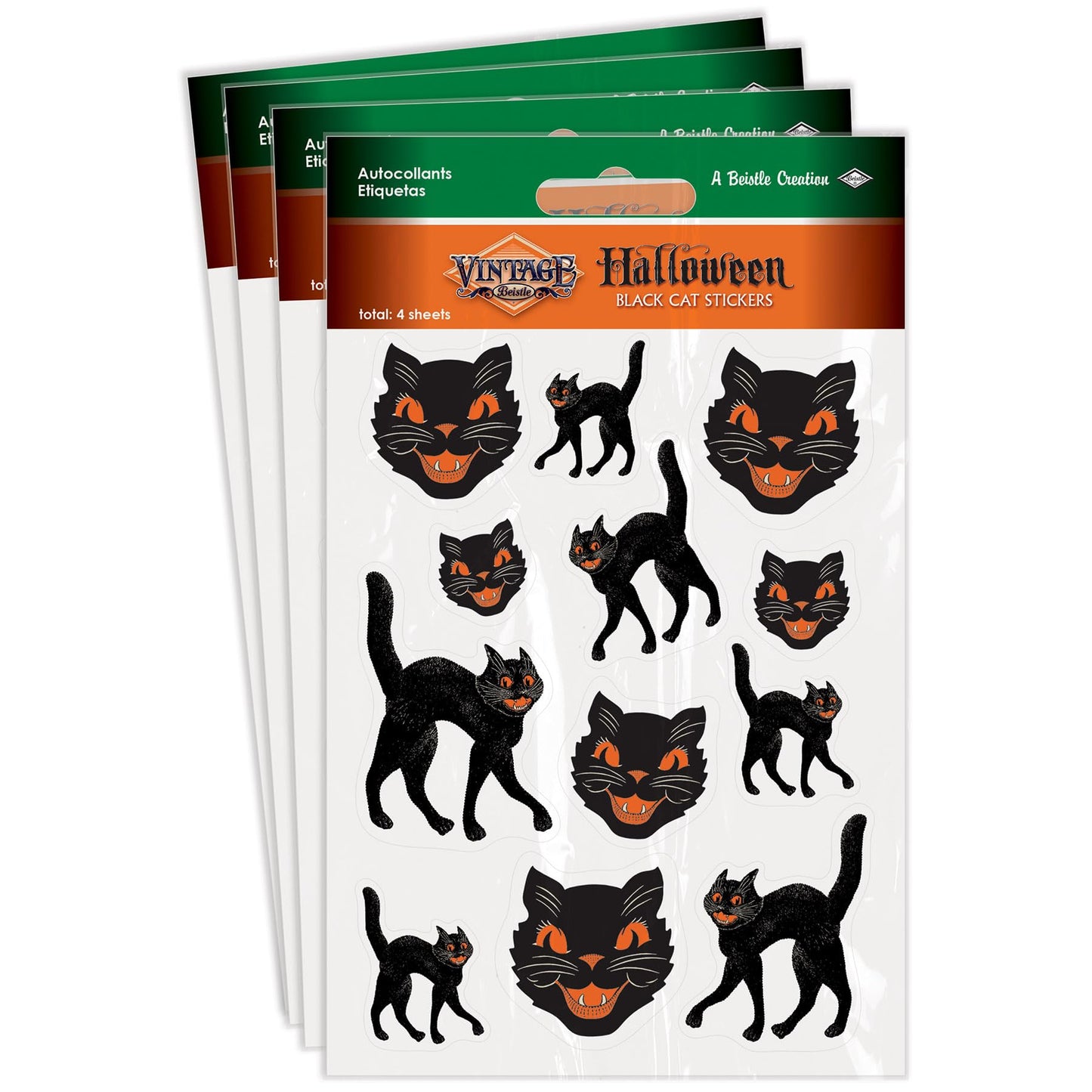 Beistle Vintage Halloween Black Cat Stickers – 16 Sheets of Retro Peel-and-Stick Decals with Classic Faces and Spooky Poses, 192 Total Seals for Crafts, Scrapbooking and Party Handouts