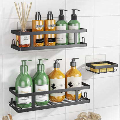 12 Storage,Black,3 Pack Youvip Adhesive Shower Caddy,Shower Shelves with Soap Holder and Hooks,Rustproof No Drilling