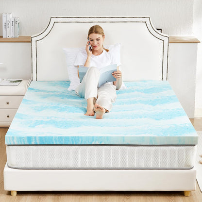 Sweetcrispy Memory Foam Mattress Topper - 3 Inch Thick Gel-Infused Cooling Pad for Full Size Bed | CertiPUR US Certified, Breathable Blue