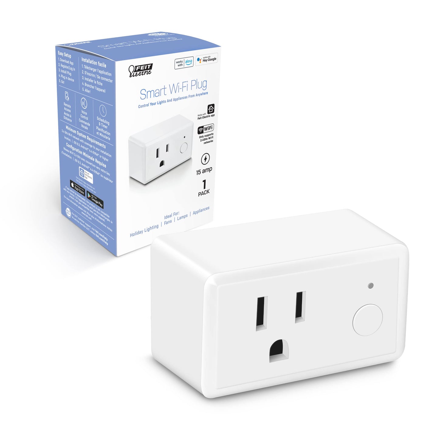 Feit Electric Indoor Smart WiFi Plug Works with Alexa and Google Home, No hub Required, 2.4 Ghz Network Only, Remote Control from Anywhere 15 Amp Smart Outlet Plug, Indoor, White with Night Light