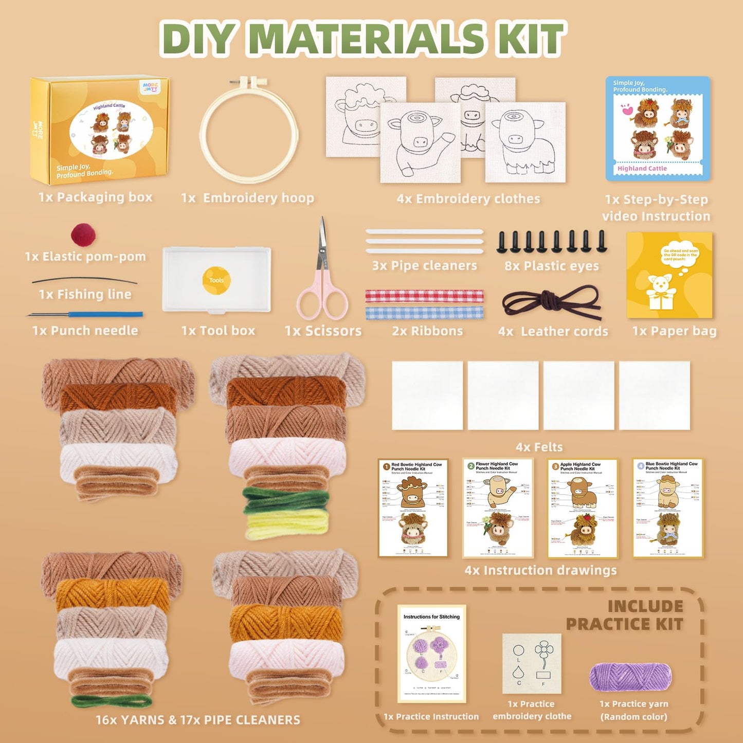 Punch Needle kit-4,Embroidery kit for Beginners,Punch Needle Kits Adults Beginner,Needles, Curved Scissors, a Tool Storage Box, Yarn, Easy-to-Follow Instructions, and Tutorial Videos(4 Highland Cow)