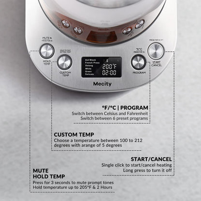 Mecity Electric Tea Kettle Borosilicate Glass Tea Maker With Temperature Control and Infuser - LCD Display and Preset Brewing Programs - 1.7 Liter Water Boiler