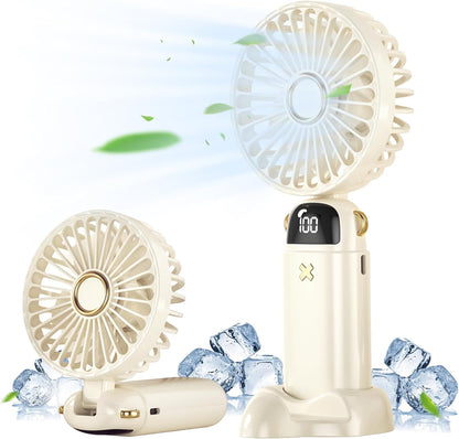 Portable Mini Handheld Fan - 4000mAh Rechargeable Battery Operated Desk Fan with Base, 5 Speeds for Travel
