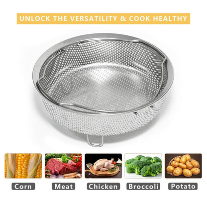 ICEICE Stainless Steel Steamer Basket - Vegetable & Dumpling Steamer Insert for Pots, Instant Pot Accessories with Handles & Feet, Multi-Purpose Mesh Strainer for Cooking, Fruits (Silvery, Large)