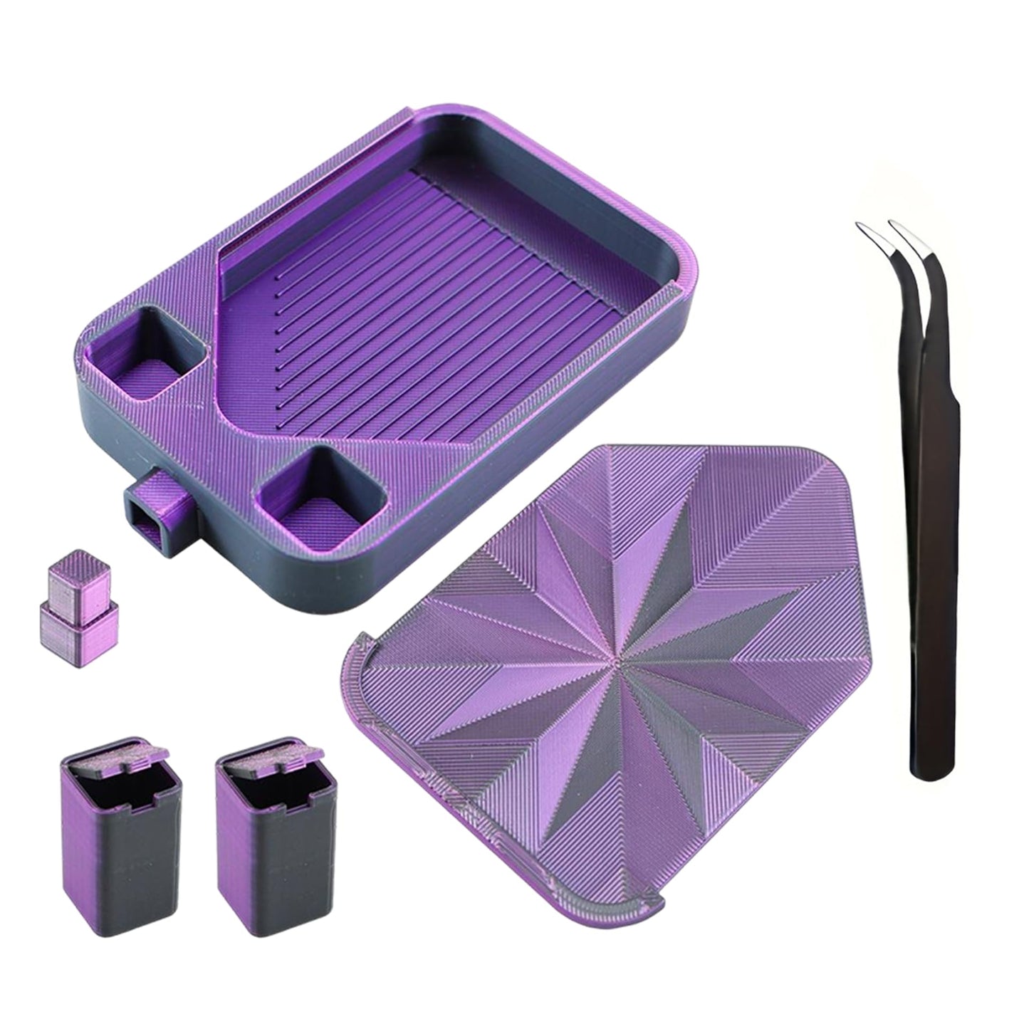 Diamond Painting Tray with Lid and Tweezer, Rhinestone Storage Tray with Lid & 2 Storage Bucket Design, Easy Pour Bead Tray, Diamond Art Kits for Adults, Diamond Art Accessories Tools (Black Purple)