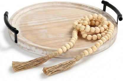 13" Round Decorative Wood Tray with Handles, Whitewashed Farmhouse Coffee Table Decor for Living Room, Entryway