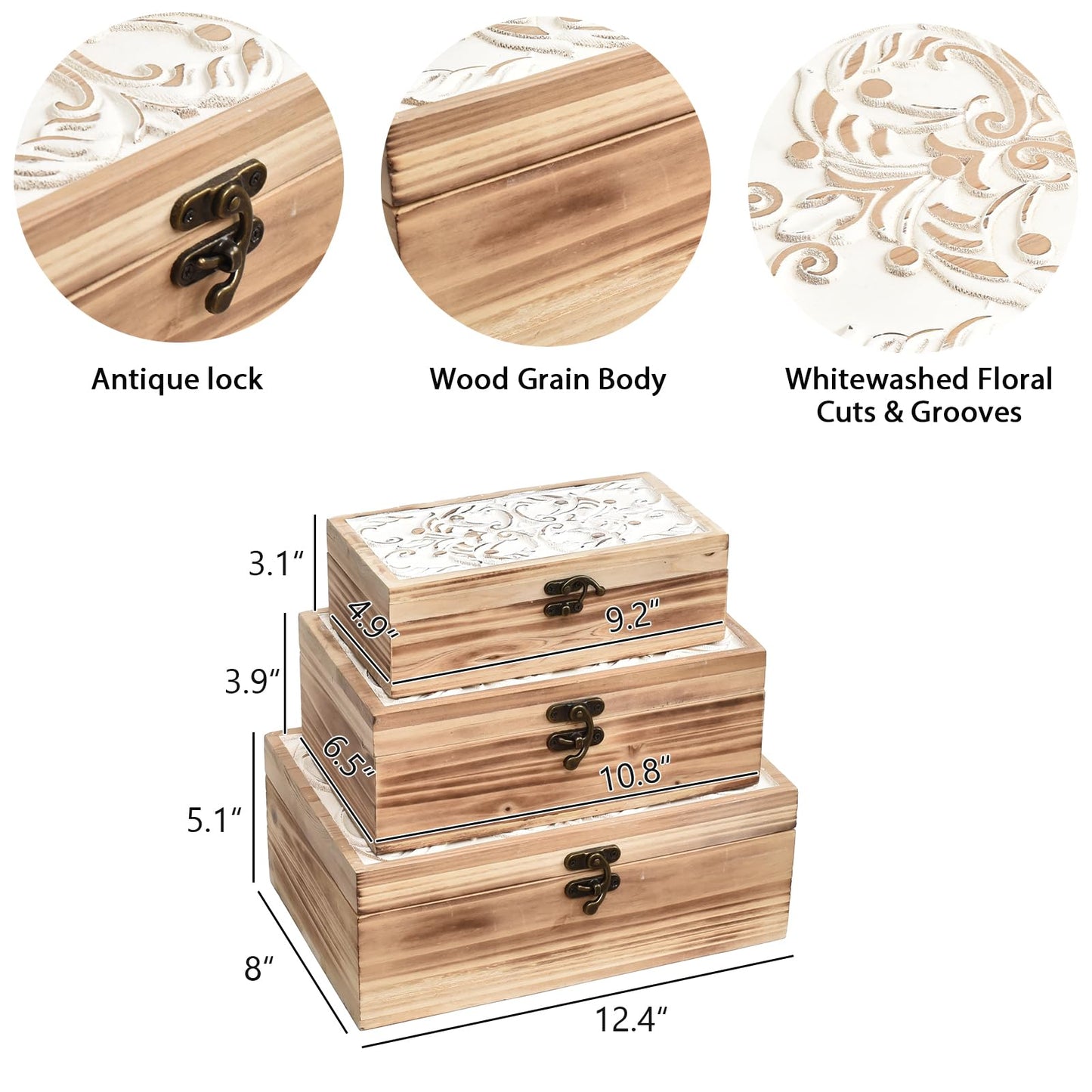 DECOR4SEASON Wooden Box Set of 3 - Rustic Farmhouse Decorative Boxes with Hinged Lid and Carved Design