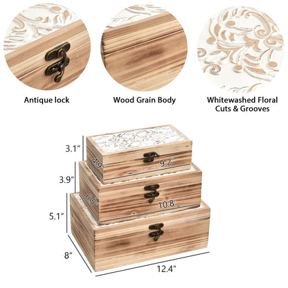 DECOR4SEASON Wooden Box Set of 3 - Rustic Farmhouse Decorative Boxes with Hinged Lid and Carved Design
