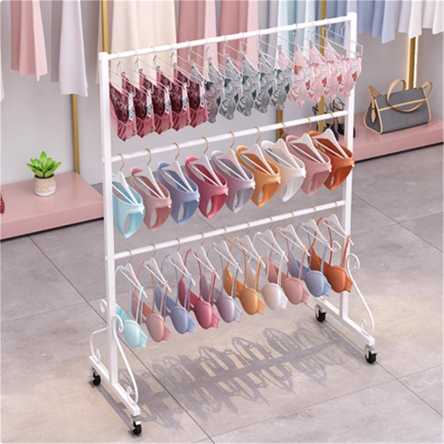 Mobile Lingerie Bra Rack Swimsuit Organizer Hanger, Anti-Slip, Underwear Display Stand with Wheels, Commercial Clothing Store Shelf, for Shorts,Hats, Sock, 3 Tier(White,80 * 40 * 130cm)