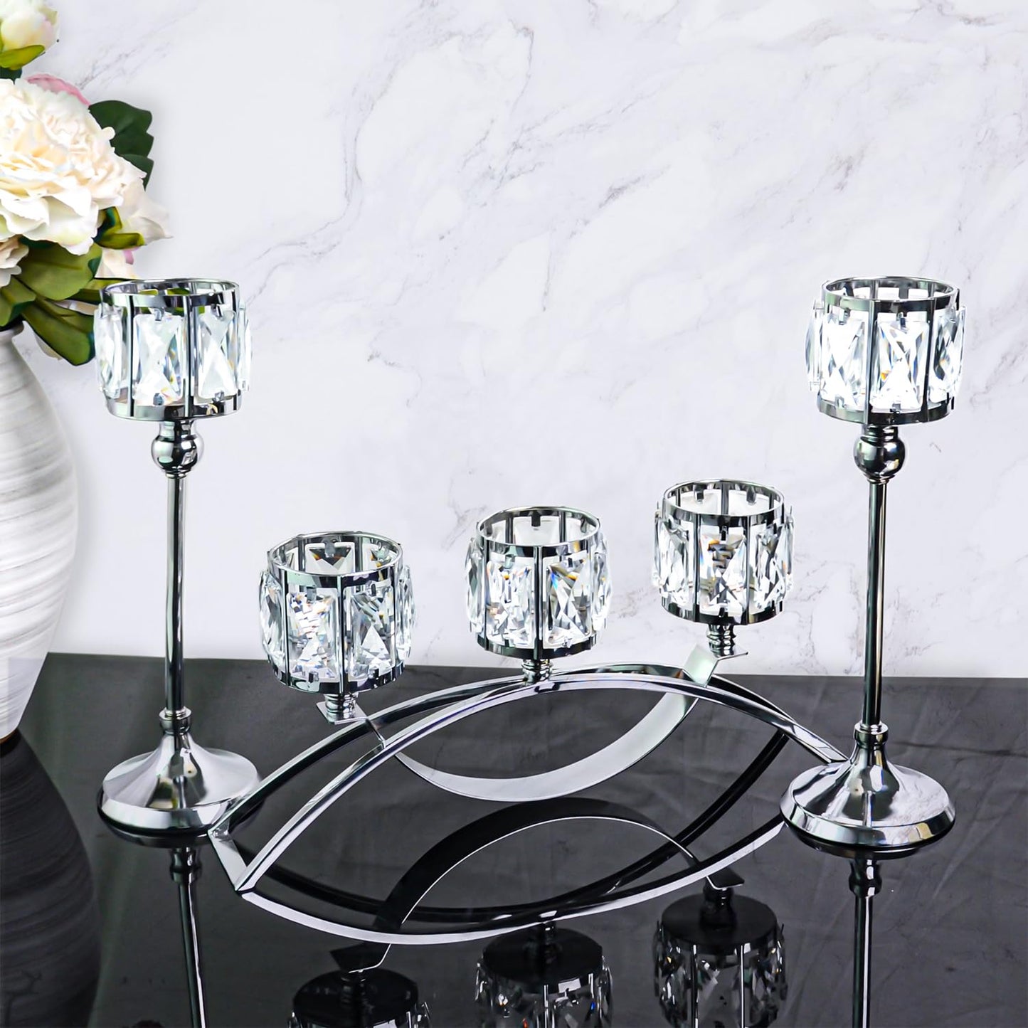 KEHAIL 3 Arms Crystal Candle Holders, Arch Candlestick Table Candelabras Centerpieces for Wedding, Dinning Room, Cabinet Ornaments, Home Decoration， Gift (3-arm Arched Set, Silver)