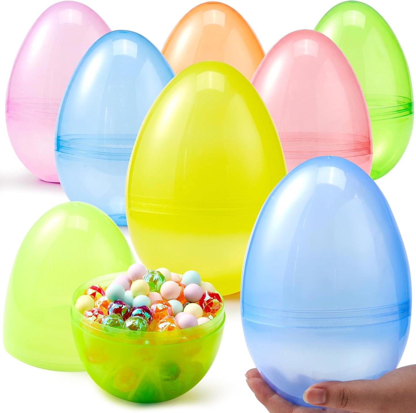 6 7" 6 JOYIN Pcs Jumbo Plastic Easter Eggs, Clear Colors Empty Eggs for Filling Treats Easter Party Favor Hunt Basket