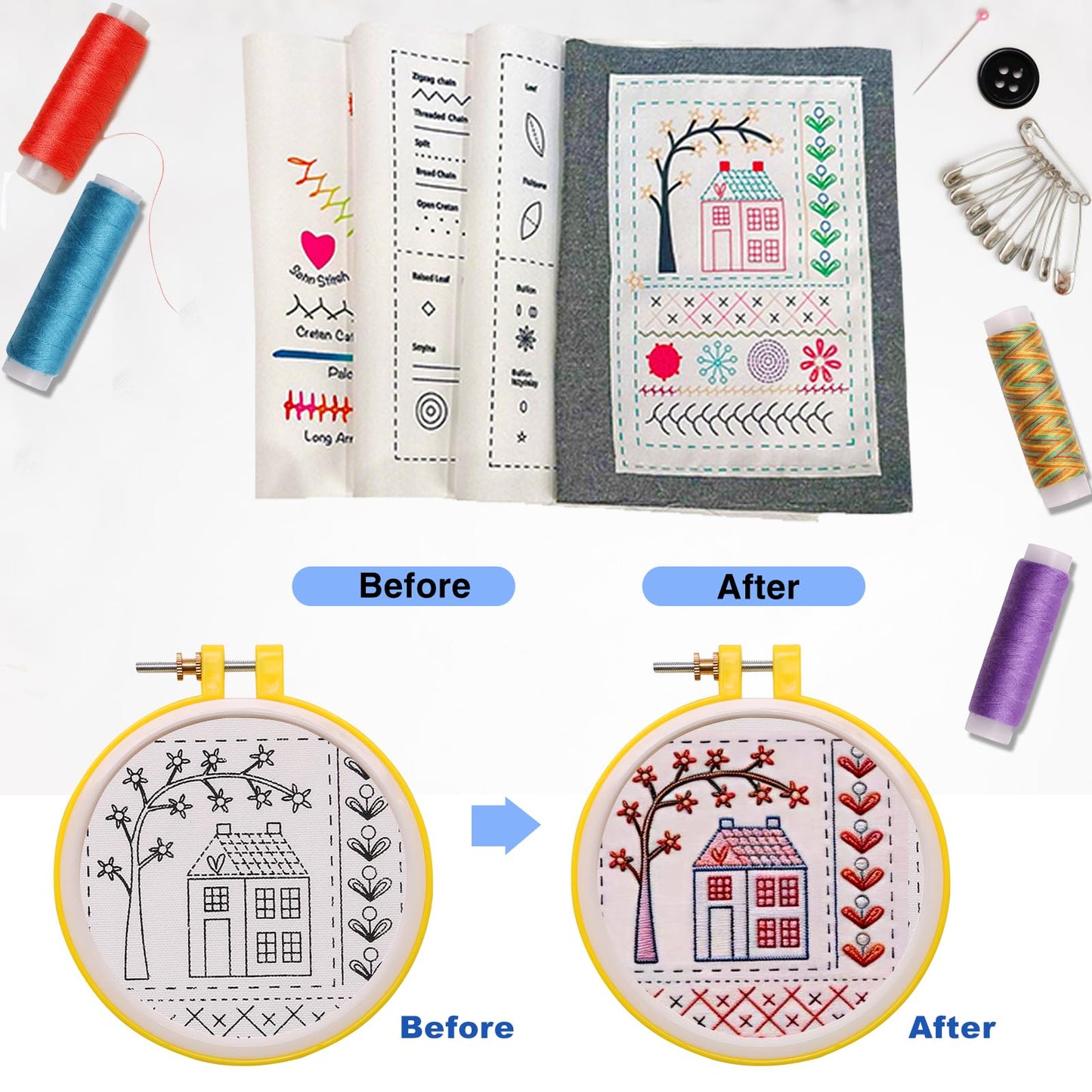 Losaria 100 PCS Complete Embroidery Stitch Kit with Includes Step-by-Step Instructions, Hoops, Threads, Needles & Fabric, All-in-One Portable Starter Set for Adult Beginners & DIY Craft Enthusiasts