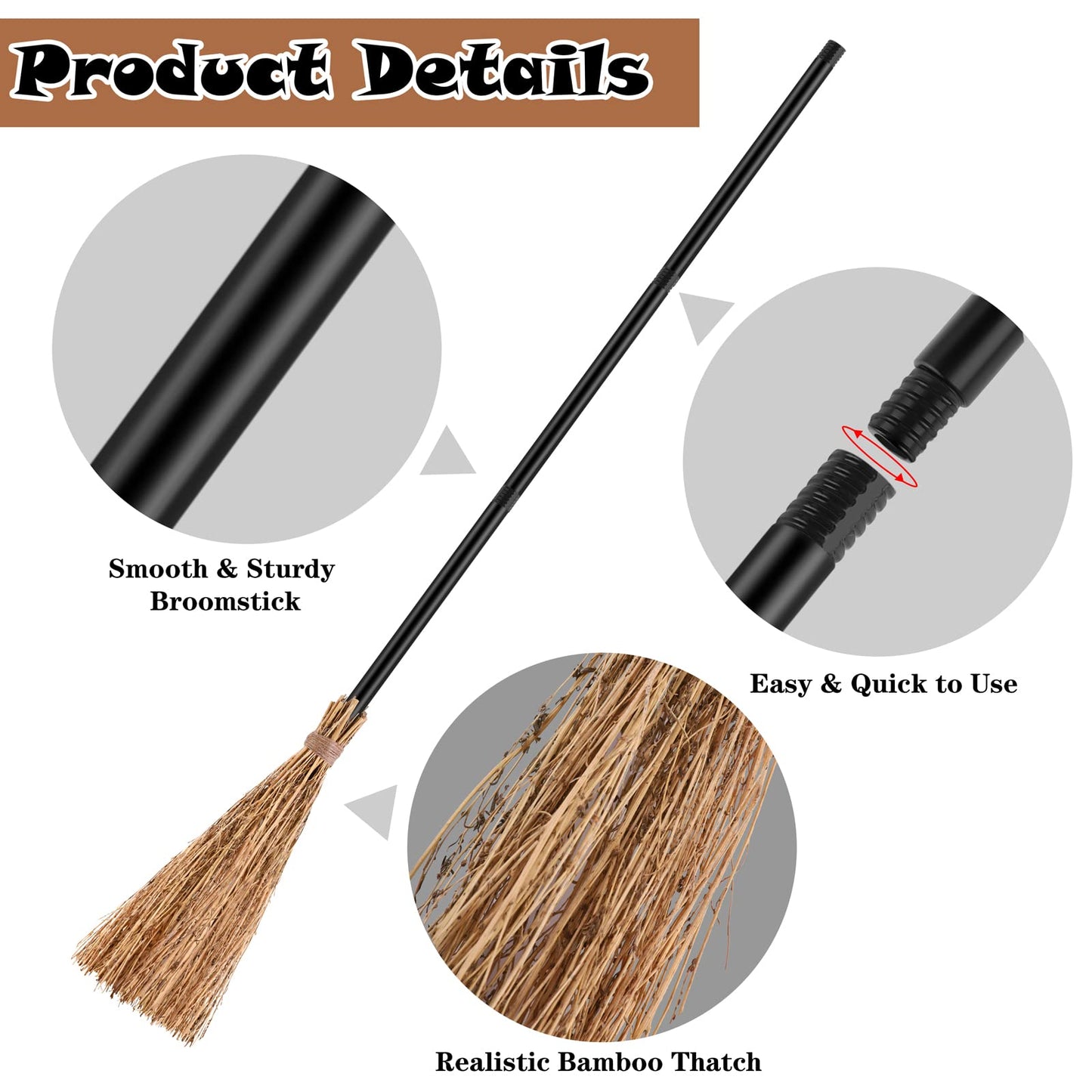 ADXCO 12 Pieces Halloween Costume Accessories Set with 6 Halloween Retractable Witch Broom and 6 Cosplay Witch Hats Decorations Straw Bamboo Witch Broomstick Plastic Broom Props for Party Decoration