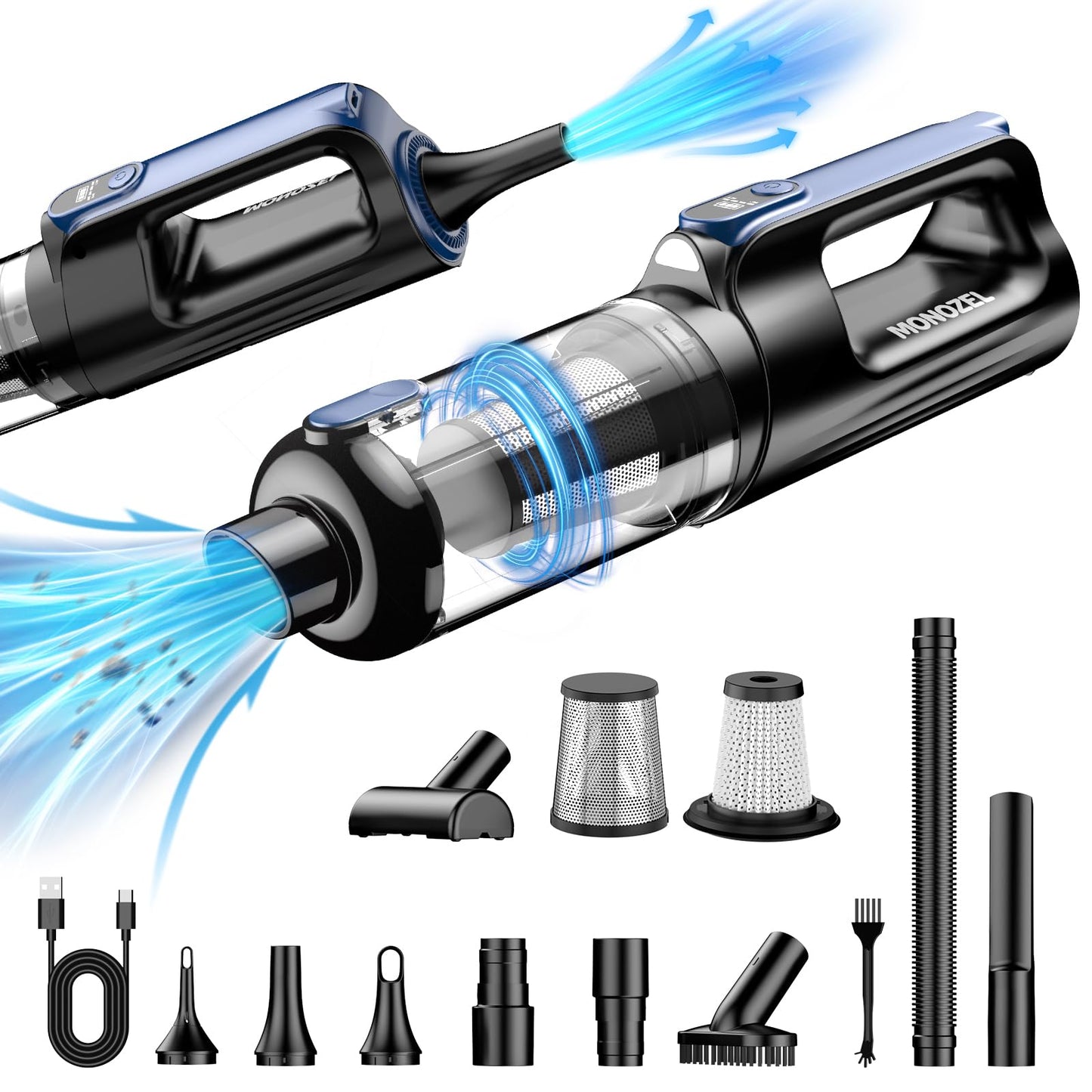 MONOZEL Car Vacuum Portable Cordless, 18000Pa 2 in 1 Vacuum Cleaner&Air Duster, 130W Brushless Motor Handheld Vacuum Cordless with 7800mAh Battery, LED Light, Multi-Nozzles for Car, Home, Office, Pet