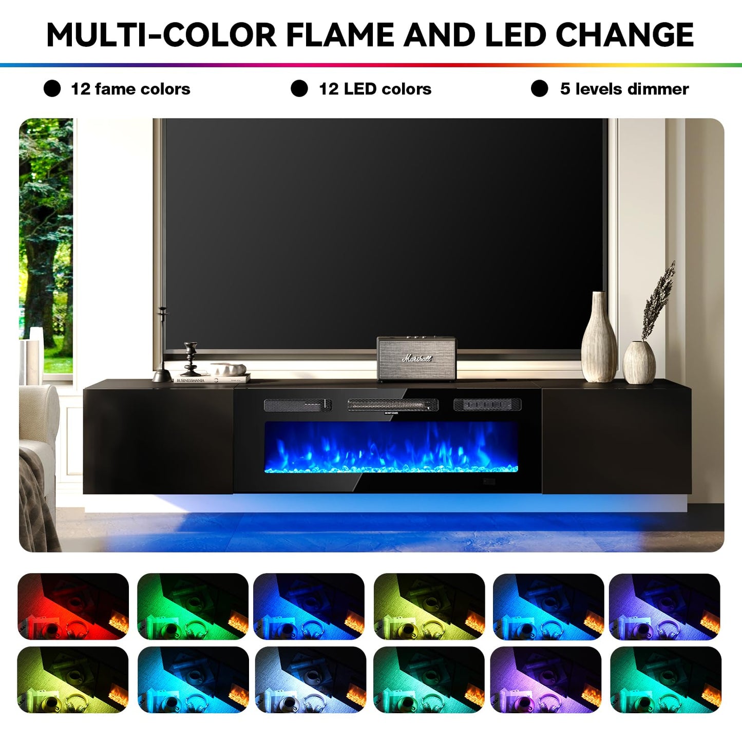 OneBlis 70'' Floating TV Stand with 36" Electric Fireplace, Wall Mounted Entertainment Center with Storage for TVs up to 80", Adjustable 12-Color LED Media TV Console for Living Room,All Black