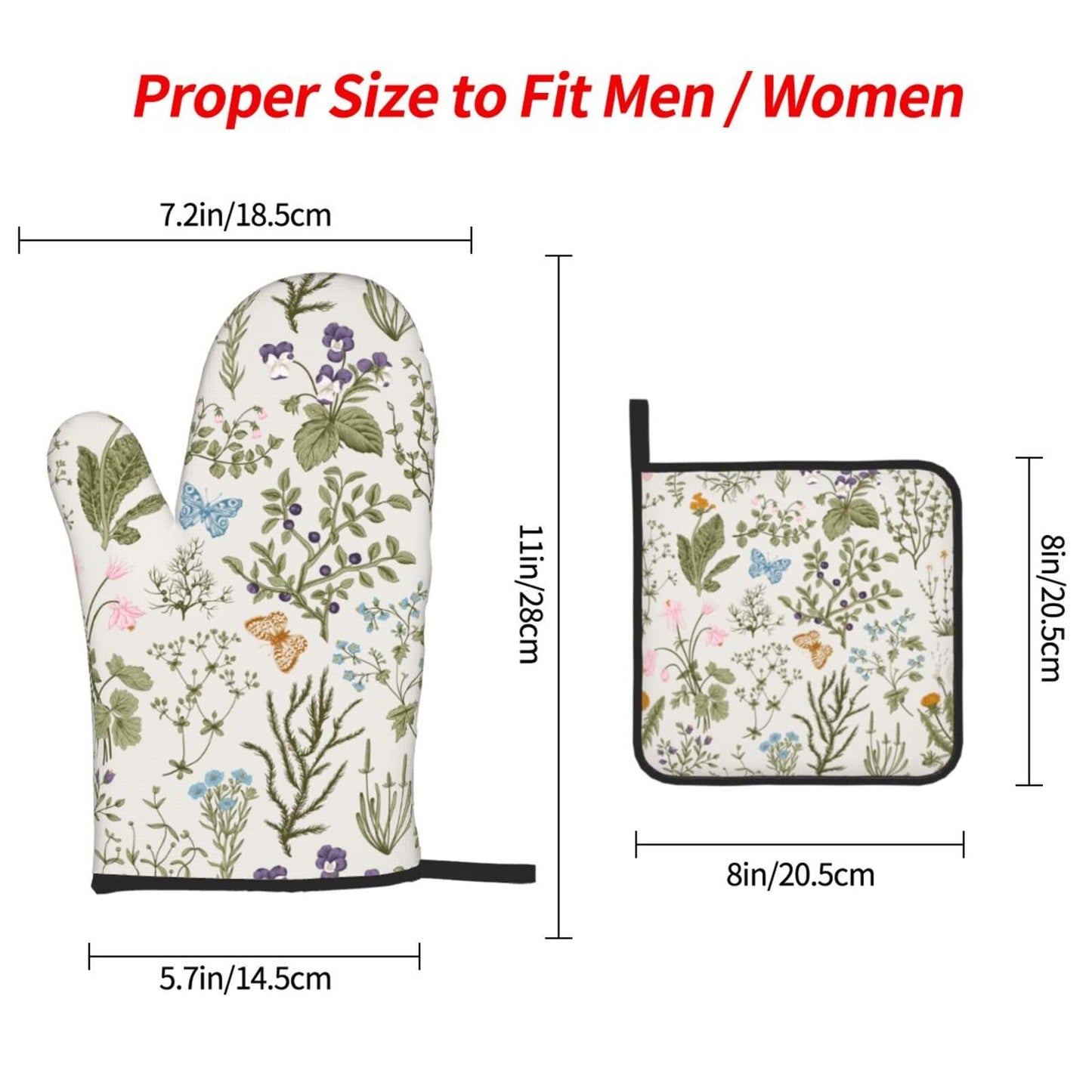 Vintage Floral Oven Mitts and Pot Holders Sets of 3 Cute Botanic Hot Pads Herbs and Wild Flowers Oven Gloves Heat Resistant Washable for Kitchen Cooking Grilling Baking