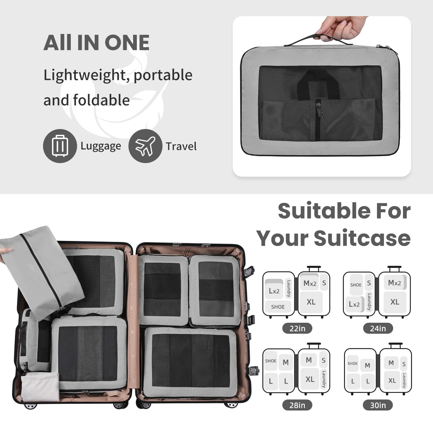 Prezon 8 Set/6 Set/4 Set Compression Packing Cubes for Travel, Lightweight Vacation Travel Essentials, Accessories for Suitcase Organizer Bags Set, Durable Luggage Organizer（8-Square-pewter）
