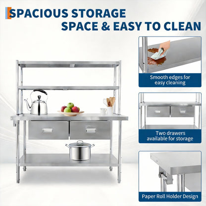 Stainless Steel Table with Overshelves and Drawers, 48" X 24" Heavy Duty Commercial Work & Prep Table with Adjustable Undershelf, Work Tables Workbench for Home Restaurant Kitchen Garage