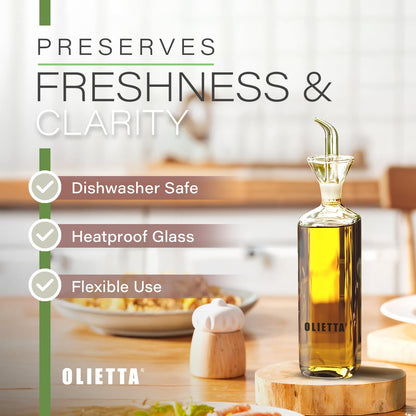 Olietta Olive Oil Dispenser Bottle Borosilicate Glass - 17 oz 500ml Non Drip Dispenser - Leak Proof Pourer Vinegar Drizzler Cruet - Easy Clean Drip Free Bottles for Kitchen