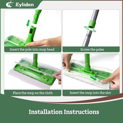 Eyliden Sweeper Mop with 36 Refills - 3 Types of Disposable Dry & Wet Cloths | Lock-Tight Design No Lost Pads, Universal Refills, Multi-Surface Sweeping Starter Kit for Pet Hair, Dust, Floor Cleaning