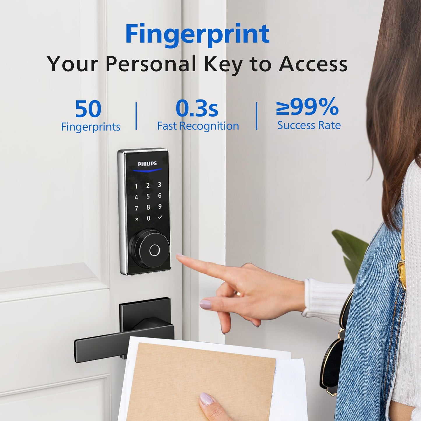 Philips Wi-Fi Smart Door Lock, Keyless Entry Door Lock with App Control,Fingerprint ID,Auto Lock,Keypad Deadbolt with Wi-Fi Bridge Adaptor,Smart Locks for Front Door-Matte Black