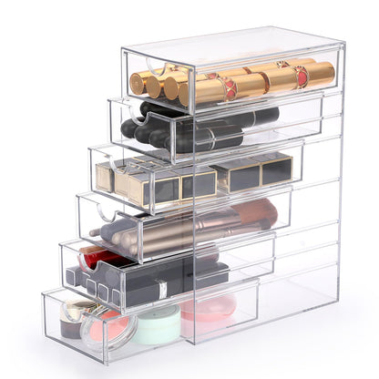 Hipiwe Plastic Drawer Organizer Clear Desktop Drawers Box with 6 Pull Out Drawer Compact Storage Box for Cabinet Vanity Bathroom Bedroom Pantry Shelf Office Closet Organization