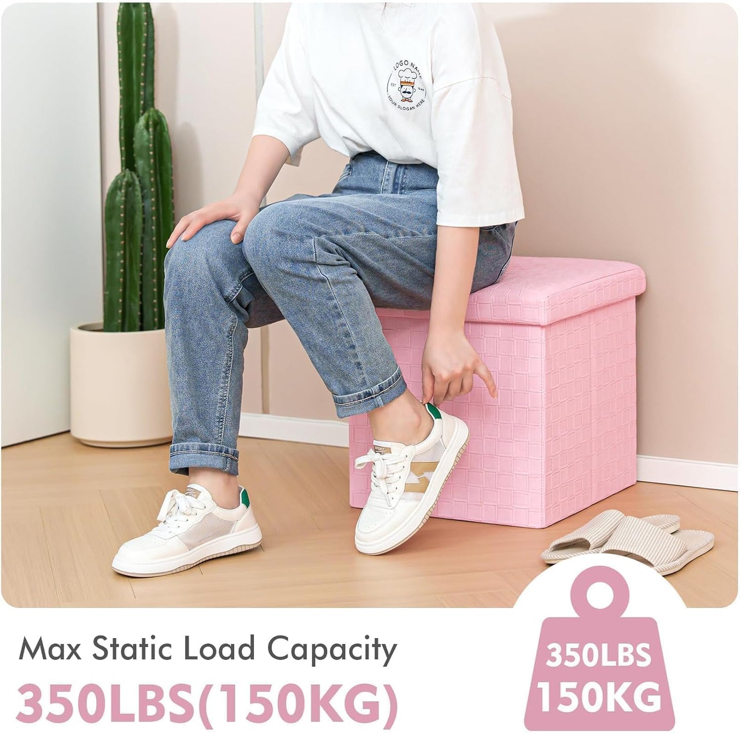15"x15"x15" B FSOBEIIALEO Storage Ottoman, Faux Leather Footrest Seat, Ottoman with Storage Cube, Storage Box (Pink