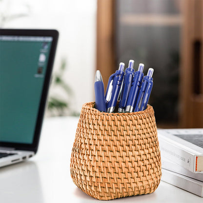 Hacaroa Set of 2 Rattan Pencil Holder for Desk, Handmade Wicker Pen Cup Cute Boho Desk Organizer, Woven Makeup Brush Holder Utensil Container for Home, Office Table Decor