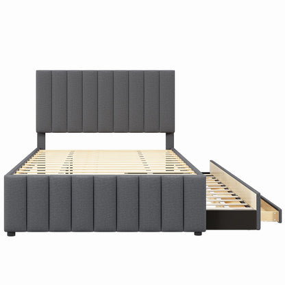Merax Full Size Upholstered Platform Bed with Trundle and 3 Storage Drawers, Full Bed Frame & Tall Stripe Headboard for Bedroom, Solid Wood Slats Support, No Box Spring Needed, Easy Assembly, Gray