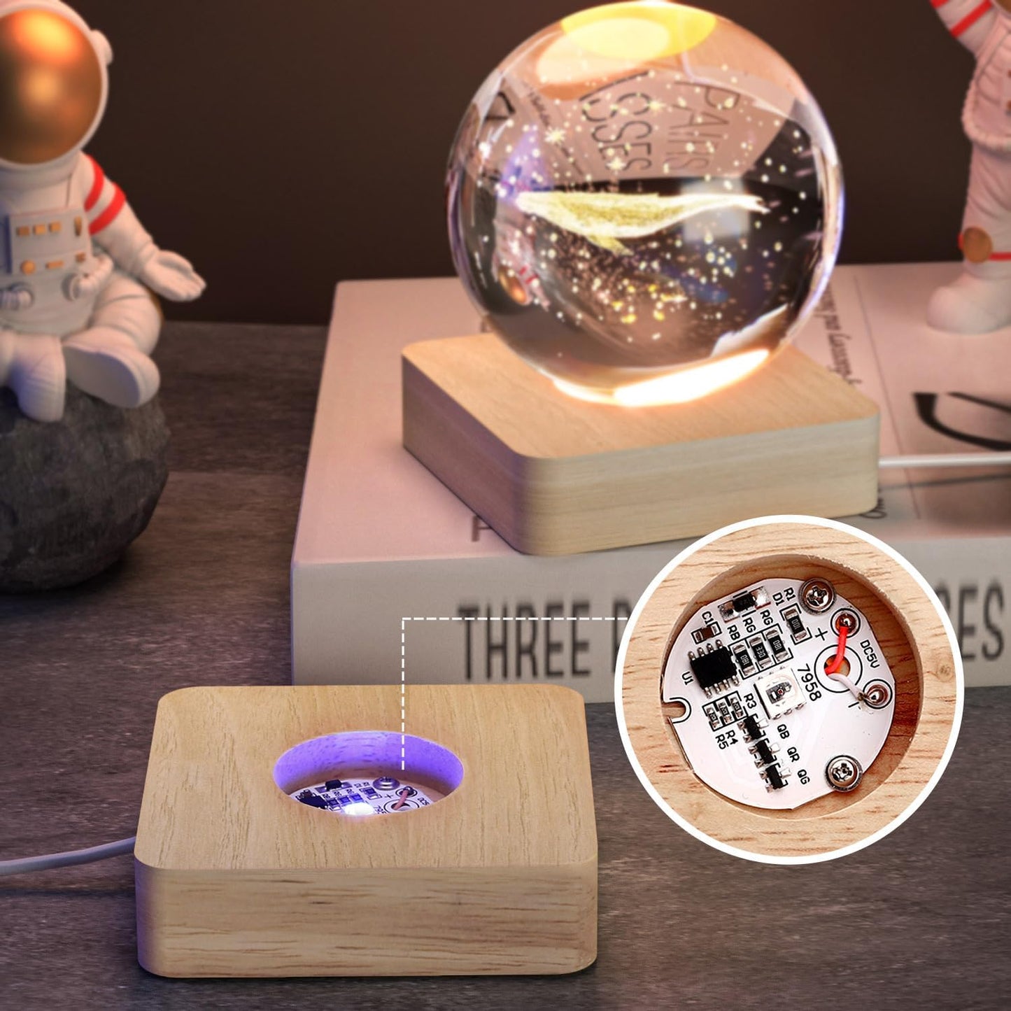 Facmogu Wooden LED Lights Display Stand, Multicolor Premium Rubber Wood, 6 LED for Selenite Tower and 3D Laser Crystal