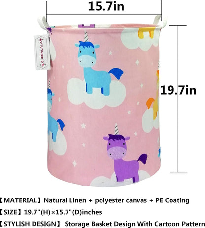 QUEENLALA Large Storage Basket, Collapsible Round Laundry Hamper for Boys and Girls Clothing (Pink Unicorn)
