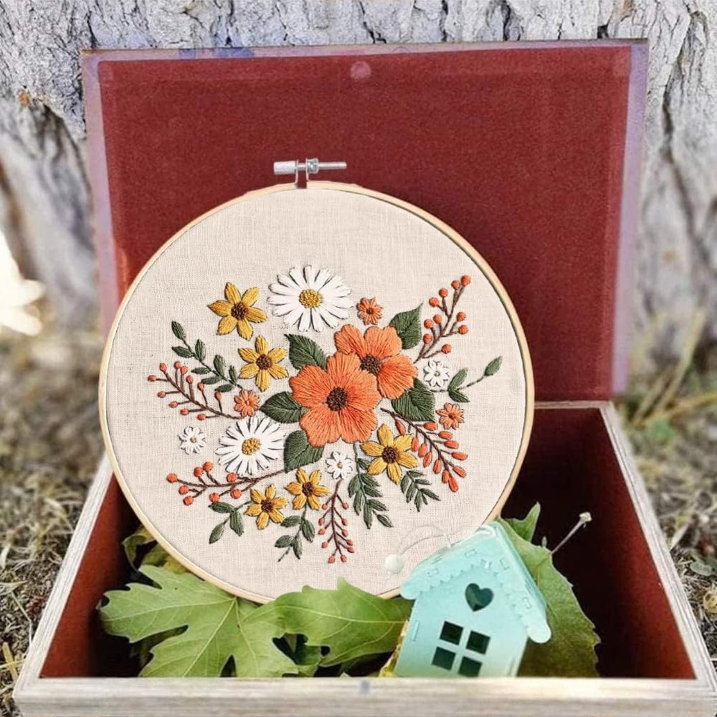 Arte Vita Embroidery Starter Kit Orange Flower Pattern Full Range DIY Beginner Hand Stitch Set Including Stamped Cloth, Bamboo Hoop, Color Threads, Needles Floral
