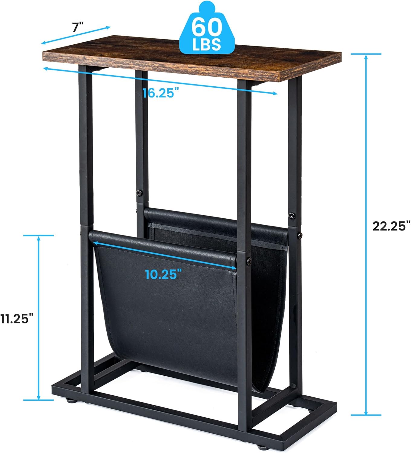FLYJOE Narrow Side Table with PU Leather Magazine Holder Rustic Slim Little Thin Table for Living Room, Bedroom, Sofa