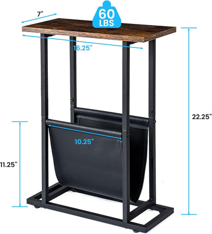 FLYJOE Narrow Side Table with PU Leather Magazine Holder Rustic Slim Little Thin Table for Living Room, Bedroom, Sofa