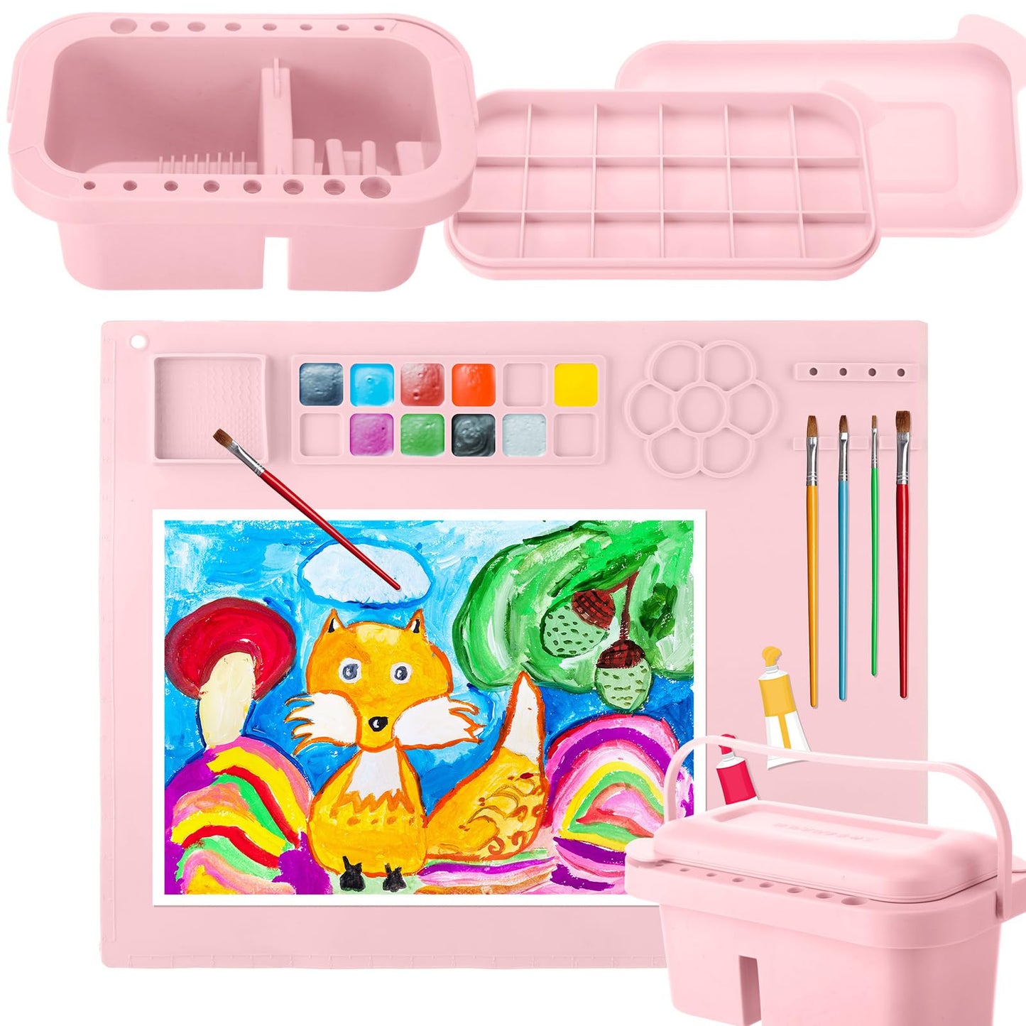 Fuyoooo 2 Pcs Painting Supplies Set with Silicone Painting Mat & Paint Brush Cleaner Bucket for Crafts Paint Brush Holder Organizer with Palette Party Art Supplies for Kids, Adults & Beginners