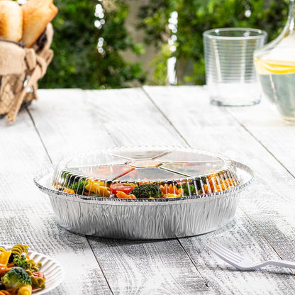 GUSTO [50 Count] 9 Inch Disposable Round Aluminum Foil Pans with Clear Plastic Dome Lids for Baking & Cooking