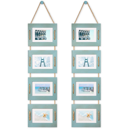DLQuarts 5x7 Hanging Collage Picture Frames Wall Decor, 4-Opening 5x7 Matted to 3.5x5 Photo Rustic Wood Frame with Hemp Rope, 2 Pack, Ocean Blue