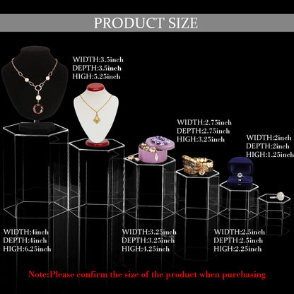 Jetec 6 Pcs Hexagonal Jewelry Display Risers Hexagonal Market Display Risers Stands Acrylic Showcase Acrylic Stand for Jewelry Model Figures Decoration, 6 Sizes (Clear)