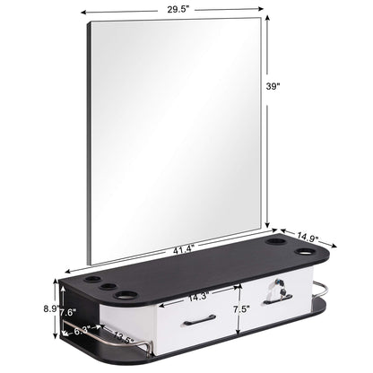 BarberPub Locking Wall Mount Styling Barber Station with Mirror Beauty Spa Salon Furniture,6154-5012-mirror (Black&White)