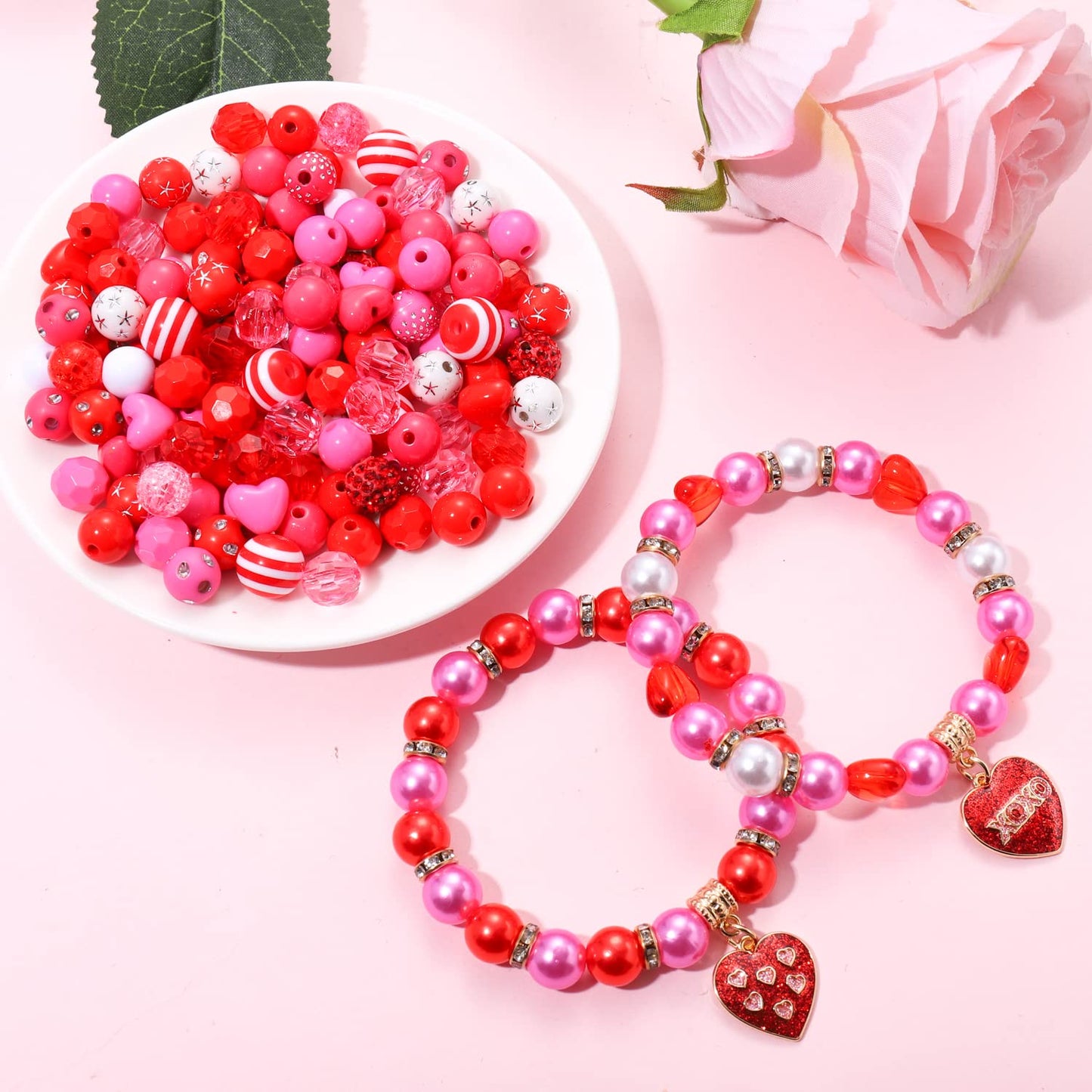 2300PCS+ Valentine’s Day Beads for Jewelry Making, Red Polymer Clay Beads Assorted Rhinestone Crystal Acrylic Beads Spacer Bead Heart Charms for Bracelet Necklace Making DIY Crafts (2300PCS A)