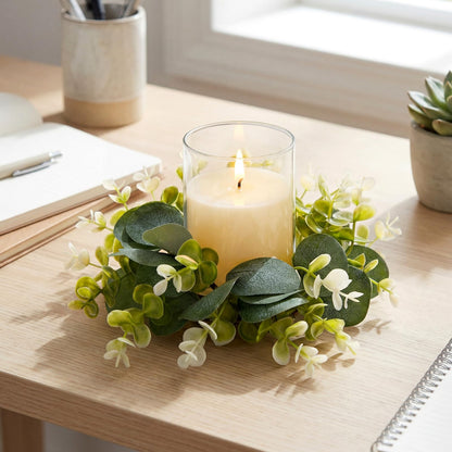 Yunlly 4 Pcs Candle Wreaths Rings Artificial Eucalyptus Wreaths Candle Holder Rings with LED Flameless Candles, 9.5" Wide for Wedding Windows Table Centerpieces, Green and White