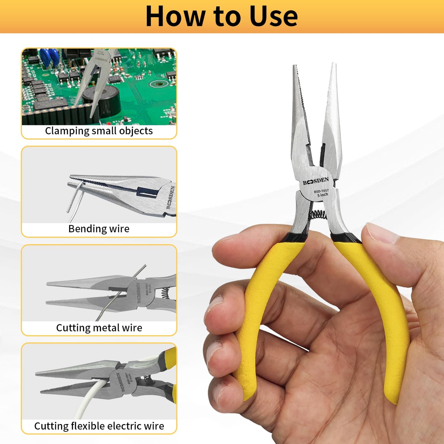 BOOSDEN 5 Inch Small Needle Nose Pliers Set of 5, Precision Long Nose Pliers with Side Cutter & Spring, Mini Fine Tip Jewelry Making Pliers for Electronics, Craft, DIY, Beading, Model Building