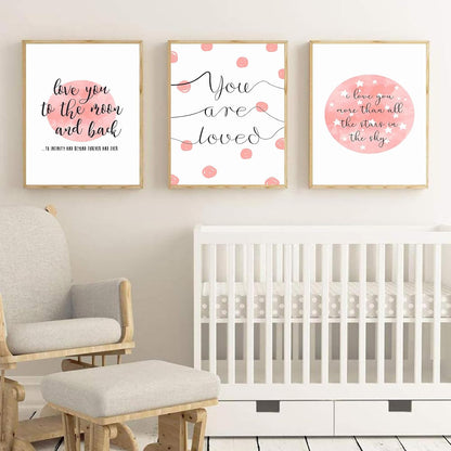 PUYIQARE (16x24inchx3 I Love You To The Moon And Back Wall Art prints Pictures Pink Moon Posters Canvas Painting