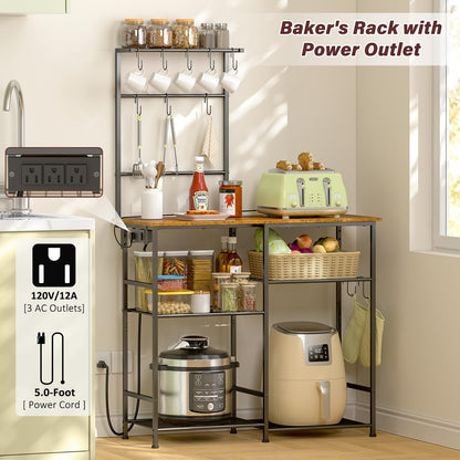 3IngSeagulls Bakers Rack with Power Outlet, Kitchen Microwave Stand with 10 S-shaped Hooks, 6-Tier Coffee Bar Station, Kitchen Storage Shelf Rack for Spices, Pots, Rustic Brown